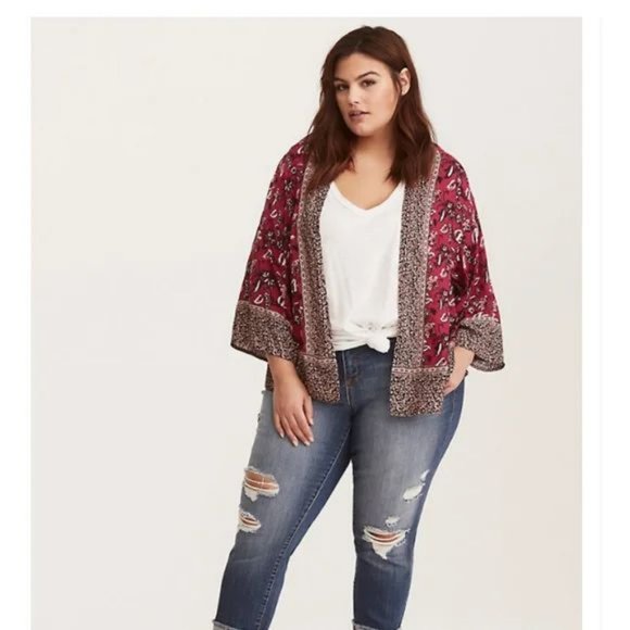 Torrid top 00/0 Border Print Cropped Kimono open front cardigan floral paisley - Picture 13 of 15